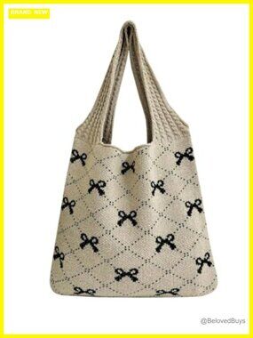 Crochet Tote Bag Bow Pattern Knitted Boho Shoulder Handbag Travel Tote